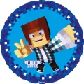 Kulatý jedlý obrázek na dort – Minecraft, postava s gestem vítězství v modré (modrá, bílá, hnědá)