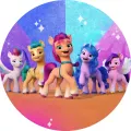Kulatý jedlý obrázek na dort – Můj malý pony, 5 poníků na oranžové zemi (fialová, modrá, růžová)