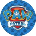 Kulatý jedlý obrázek na dort – Paw Patrol, velké logo na modrém pozadí (modrá, červená, žlutá)