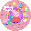 Kulatý jedlý obrázek na dort – Prasátko Peppa, oslava s kamarády a dárkem (růžová, červená, fialová)