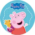 Kulatý jedlý obrázek na dort – Prasátko Peppa, s medvídkem v batůžku (modrá, růžová, červená)