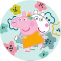 Kulatý jedlý obrázek na dort – Prasátko Peppa, v objetí s ovečkou Suzy (růžová, tyrkysová, žlutá)