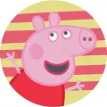 Kulatý jedlý obrázek na dort – Prasátko Peppa, na pruhovaném pozadí (růžová, červená, žlutá)