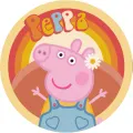 Kulatý jedlý obrázek na dort – Prasátko Peppa, v lacláčích s duhou (růžová, žlutá, modrá)