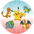 Kulatý jedlý obrázek na dort – Pokémon, Pikachu, startéři a Charizard (žlutá, modrá, červená)