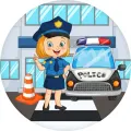 Kulatý jedlý obrázek na dort – Policistka (modrá, bílá, černá)