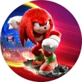 Kulatý jedlý obrázek na dort – Sonic, červený Knuckles v nočním městě (červená, modrá, růžová)