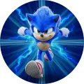 Kulatý jedlý obrázek na dort – Sonic, v modrém blesku (modrá, bílá, červená)