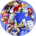 Kulatý jedlý obrázek na dort – Sonic, velká parta hrdinů a Charmy (modrá, červená, bílá)