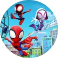 Kulatý jedlý obrázek na dort – Spiderman, parta hrdinů nad poutí (modrá, červená, bílá)