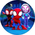 Kulatý jedlý obrázek na dort – Spiderman, hrdinové v noční ulici (modrá, červená, fialová)