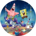 Kulatý jedlý obrázek na dort – SpongeBob, na háčku s Patrikem a přáteli (modrá, fialová, žlutá)