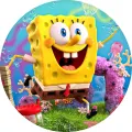 Kulatý jedlý obrázek na dort – SpongeBob, lovení medúz se síťkou (žlutá, modrá, tyrkysová)