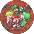 Kulatý jedlý obrázek na dort – Super Mario, parta prorážející cihlovou zeď (červená, zelená, modrá)