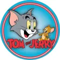 Kulatý jedlý obrázek na dort – Tom a Jerry, tyrkysové pozadí a nápis (modrá, červená, šedá)