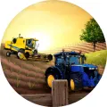 Kulatý jedlý obrázek na dort – Traktor a kombajn (žlutá, modrá, hnědá)