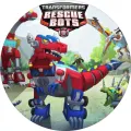 Kulatý jedlý obrázek na dort – Transformers, Rescue Bots s dinosaury v přírodě (červená, modrá, šedá)