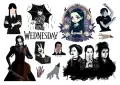 Obdélníkový jedlý papír k výřezu – Wednesday, siluety, deštník, cello a Thing (černá, bílá, fialová)