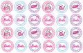 List jedlých koleček na cupcakes – Barbie, pastelová kolečka s doplňky (růžová, fialová, modrá)