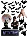 Obdélníkový jedlý papír k výřezu – Wednesday, s rukou Thing a fialovým nápisem (černá, fialová, šedá)