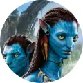Kulatý jedlý obrázek na dort – Avatar, dva bojovníci a ozdoba z peří (modrá, zelená, hnědá)