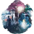Kulatý jedlý obrázek na dort – Avatar, růžový strom a létající tvor (modrá, fialová, tyrkysová)