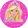 Kulatý jedlý obrázek na dort – Barbie, portrét s korunkou a třpytkami (růžová, zlatá, modrá)