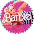 Kulatý jedlý obrázek na dort – Barbie, v pruhovaných šatech s brýlemi (růžová, bílá, modrá)