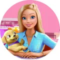 Kulatý jedlý obrázek na dort – Barbie, v modré košili se štěňátkem (růžová, modrá, žlutá)