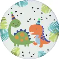 Kulatý jedlý obrázek na dort – Dinosauři, s narozeninovými čepičkami (zelená, tyrkysová, bílá)