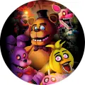 Kulatý jedlý obrázek na dort – Five Nights at Freddy's, Freddy a Mangle (hnědá, fialová, žlutá)