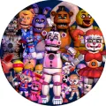 Kulatý jedlý obrázek na dort – Five Nights at Freddy's, Funtime a Circus Baby (modrá, bílá, růžová)
