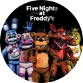 Kulatý jedlý obrázek na dort – Five Nights at Freddy's, pětice s logem (černá, modrá, červená)