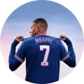 Kulatý jedlý obrázek na dort – Kilian Mbappé, dres zezadu s číslem 7 (modrá, bílá, červená)