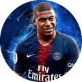 Kulatý jedlý obrázek na dort – Kilian Mbappé, portrét se světelnými efekty (modrá, černá, červená)