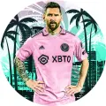 Kulatý jedlý obrázek na dort – Lionel Messi, v Miami s palmami (růžová, tyrkysová, černá)