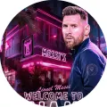 Kulatý jedlý obrázek na dort – Lionel Messi, portrét a růžové neony (růžová, modrá, černá)