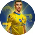 Kulatý jedlý obrázek na dort – Cristiano Ronaldo, portrét na modrém pozadí (žlutá, modrá)
