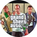 Kulatý jedlý obrázek na dort – GTA, Franklin, Trevor a Michael s logem V (černá, zelená, šedá)