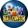 Kulatý jedlý obrázek na dort – Halloween, parta strašidel a žlutý nápis (modrá, žlutá, černá)
