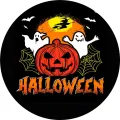 Kulatý jedlý obrázek na dort – Halloween, čarodějnice u měsíce a dýně (černá, žlutá, bílá)