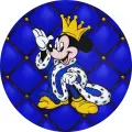 Kulatý jedlý obrázek na dort – Mickey Mouse, král s korunou na modrém pozadí (modrá, žlutá, bílá)