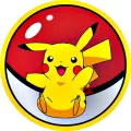 Kulatý jedlý obrázek na dort – Pokémon, Pikachu mávající z pokéballu (žlutá, červená, bílá)
