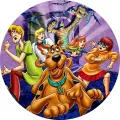 Kulatý jedlý obrázek na dort – Scooby Doo, útěk party před mumií (fialová, hnědá, zelená)