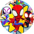 Kulatý jedlý obrázek na dort – Spiderman, skok se žlutou hvězdou (červená, modrá, žlutá)
