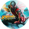 Kulatý jedlý obrázek na dort – Spiderman, černý oblek v tyrkysovém městě (černá, červená, tyrkysová)