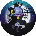 Kulatý jedlý obrázek na dort – Vampirina, u strašidelného zámku a úplňku (fialová, modrá, černá)