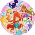 Kulatý jedlý obrázek na dort – Winx, Bloom, Stella, Flora a parta víl (růžová, tyrkysová, fialová)