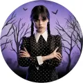 Kulatý jedlý obrázek na dort – Wednesday, Addams s copy a netopýry (fialová, černá, bílá)