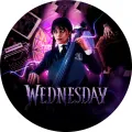 Kulatý jedlý obrázek na dort – Wednesday, violoncello, psací stroj a Věc (černá, fialová, růžová)